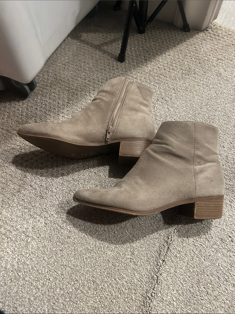 Women's Suede Ankle Boots in Taupe - Side Zip Low Heel. Elegant pointed toe